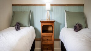 Two single beds with green pillows and a wooden nightstand with a lamp between them.
