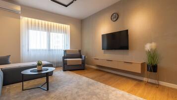 A modern living room with a sofa, a chair, a coffee table, a flat-screen TV mounted on the wall, and a potted plant.