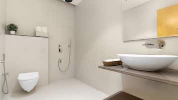 Shower, free toiletries, towels, soap