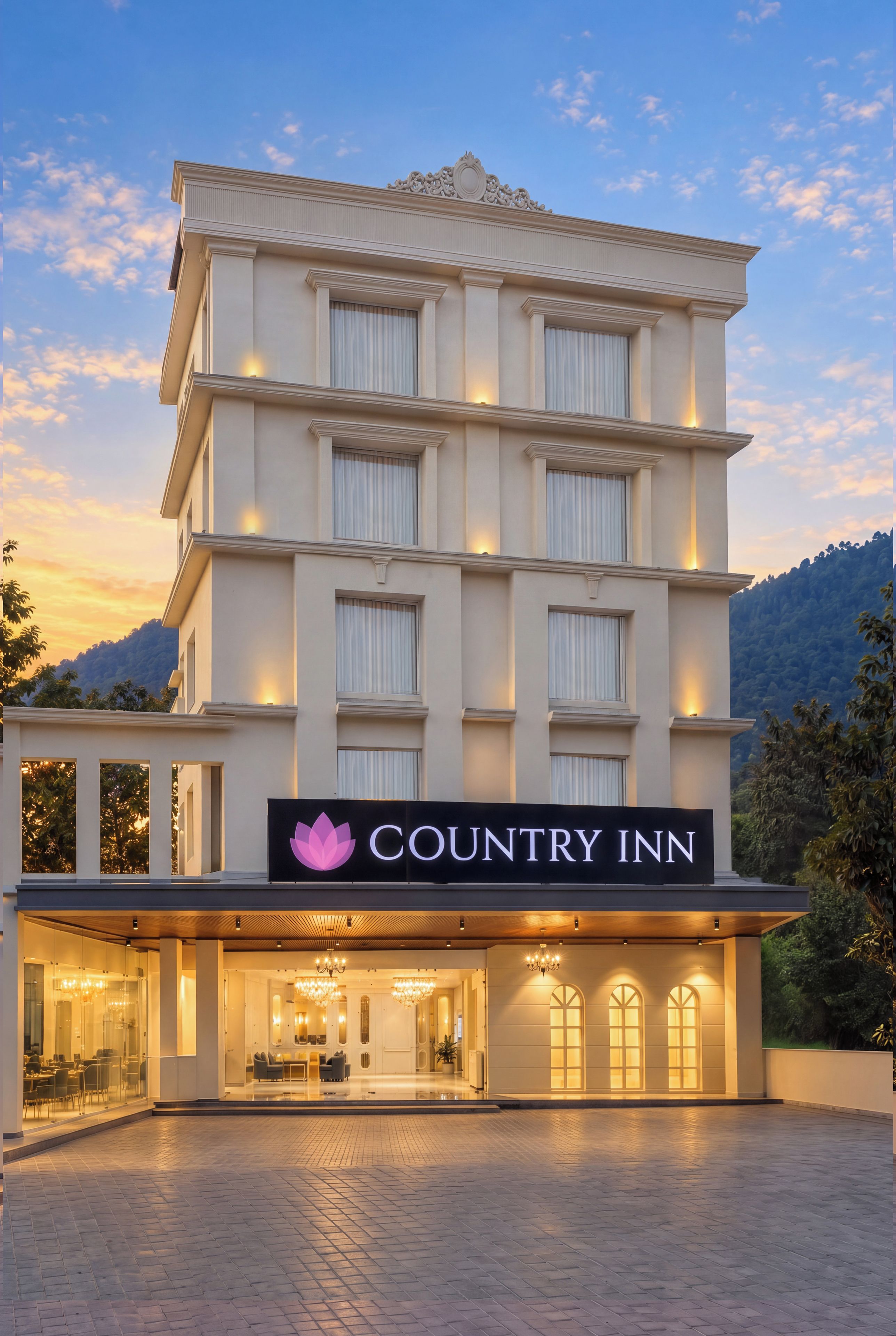 Un edificio de varios pisos con un letrero que dice 'Country Inn' en la entrada.