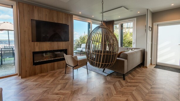 A modern living room with a fireplace, a hanging chair, and a sofa. - De Wiedense Meren - Villa Waterrijk MIVA | 3p (Wanneperveen)