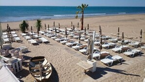 Una spiaggia con file di sedie a sdraio bianche e ombrelloni, una palma e vista sull'oceano.