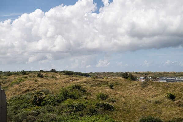 Un paisaje con césped, un edificio en primer plano y una vista distante de un pueblo.