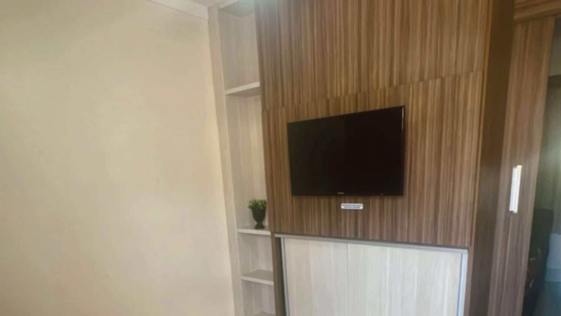 Habitación con televisor de pantalla plana montado en una pared de madera, un radiador blanco debajo y una pequeña planta en maceta sobre una estantería.