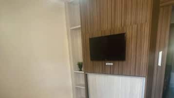 Habitación con televisor de pantalla plana montado en una pared de madera, un radiador blanco debajo y una pequeña planta en maceta sobre una estantería.