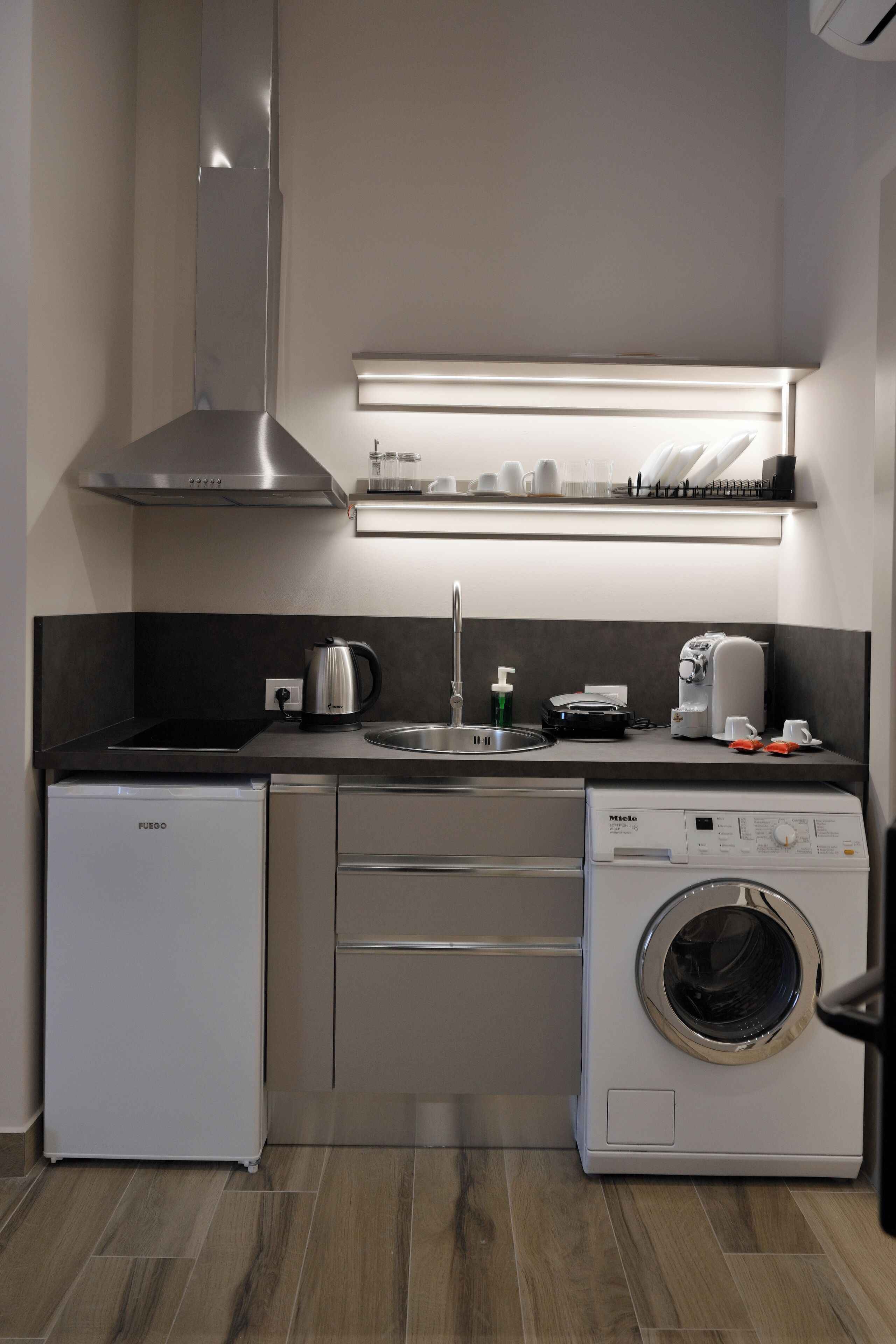 Fridge, stovetop, espresso maker, electric kettle