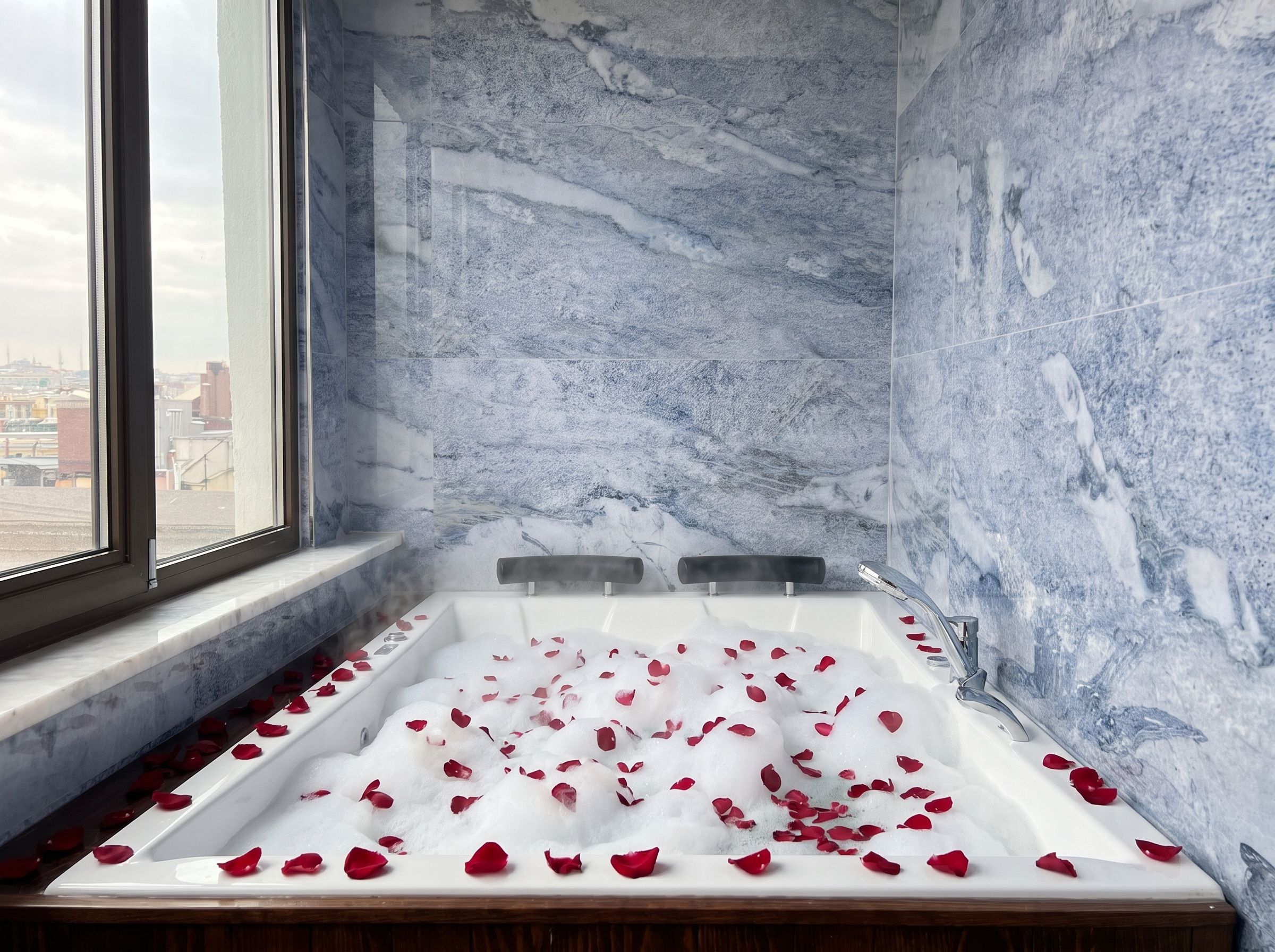 Eine Wanne mit Rosenblüten und Dampf, Marmorwände und ein Fenster mit Blick auf eine Stadtlandschaft.