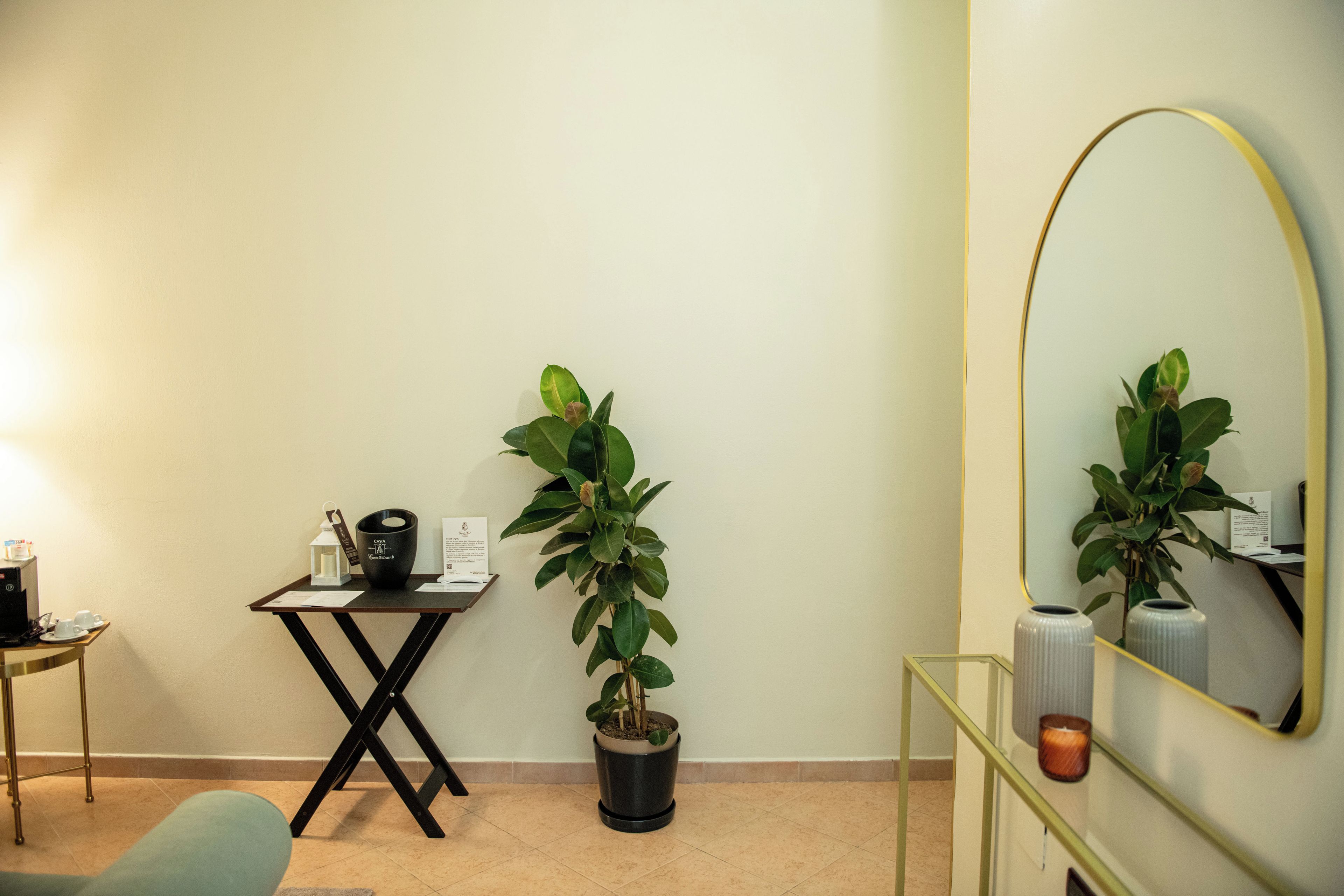 A room with a small table, a potted plant, a mirror, and a coffee machine.