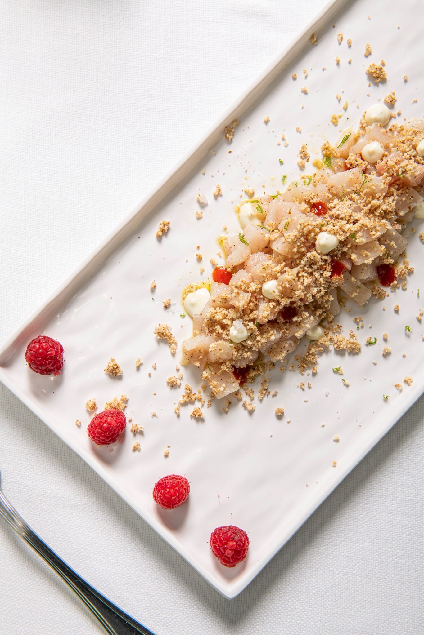 A white rectangular plate with a food arrangement, garnished with raspberries and crumbs.
