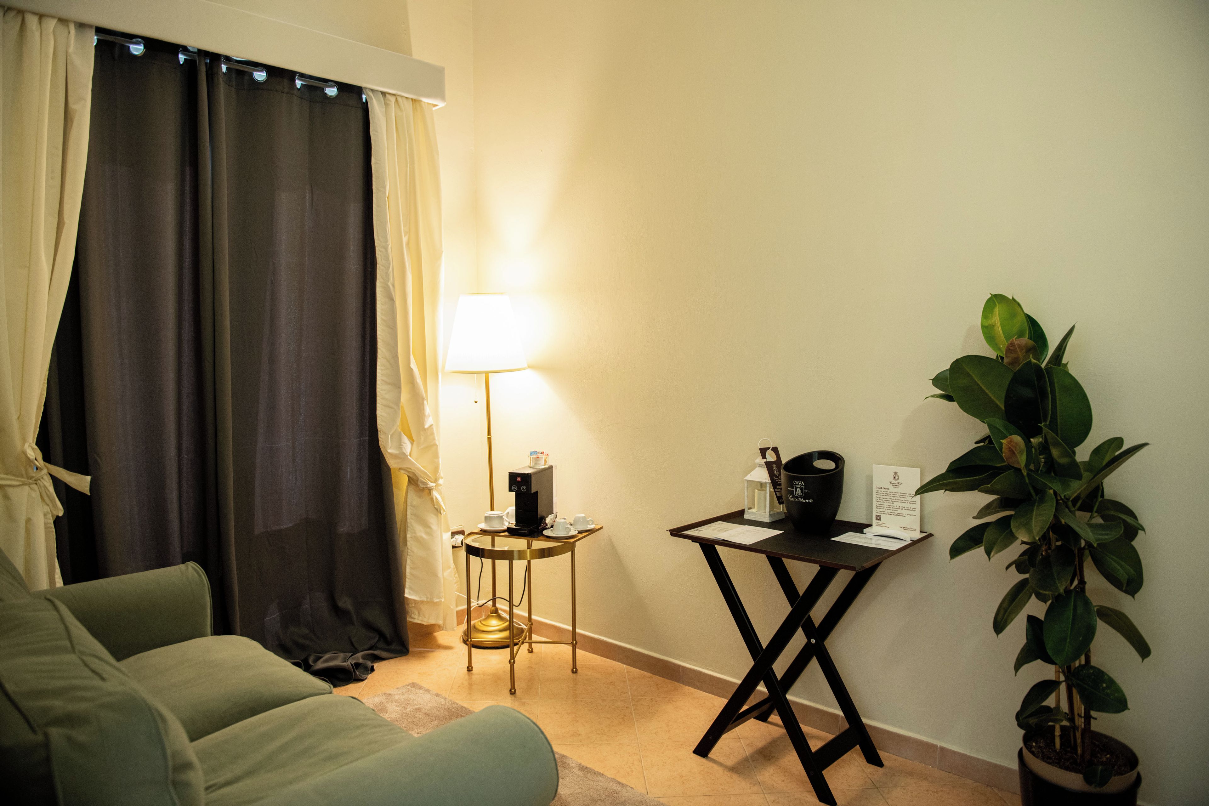 A hotel room with a green sofa, a small table with a lamp, a potted plant, and a coffee machine.