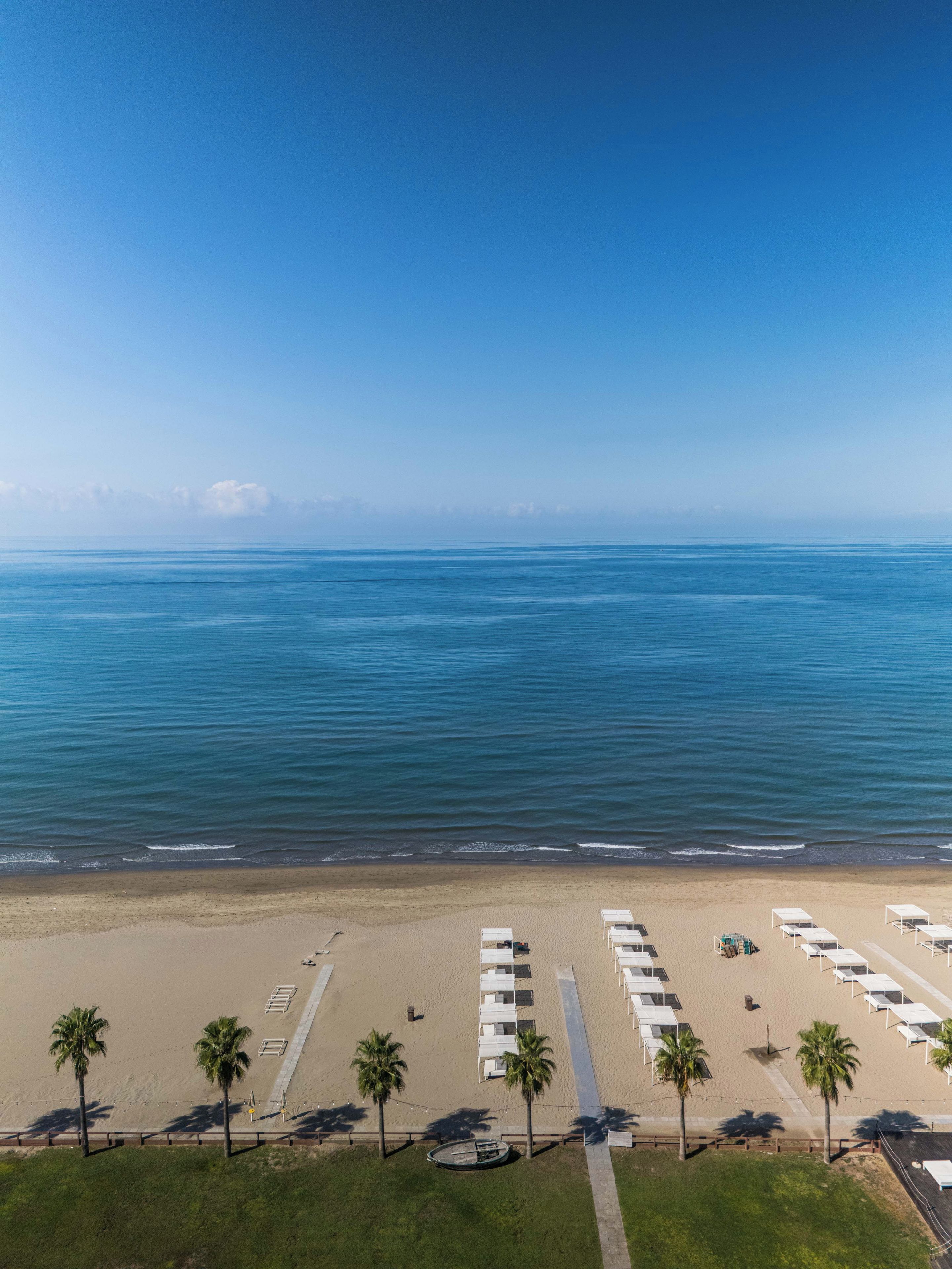 Ein Strand mit Reihen weißer Zelte und Palmen.