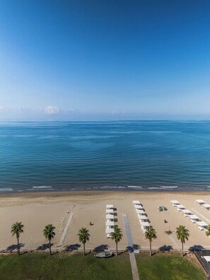 Una playa con hileras de tiendas blancas y palmeras.