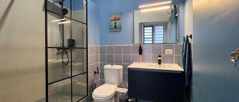 Shower, hair dryer, towels, soap