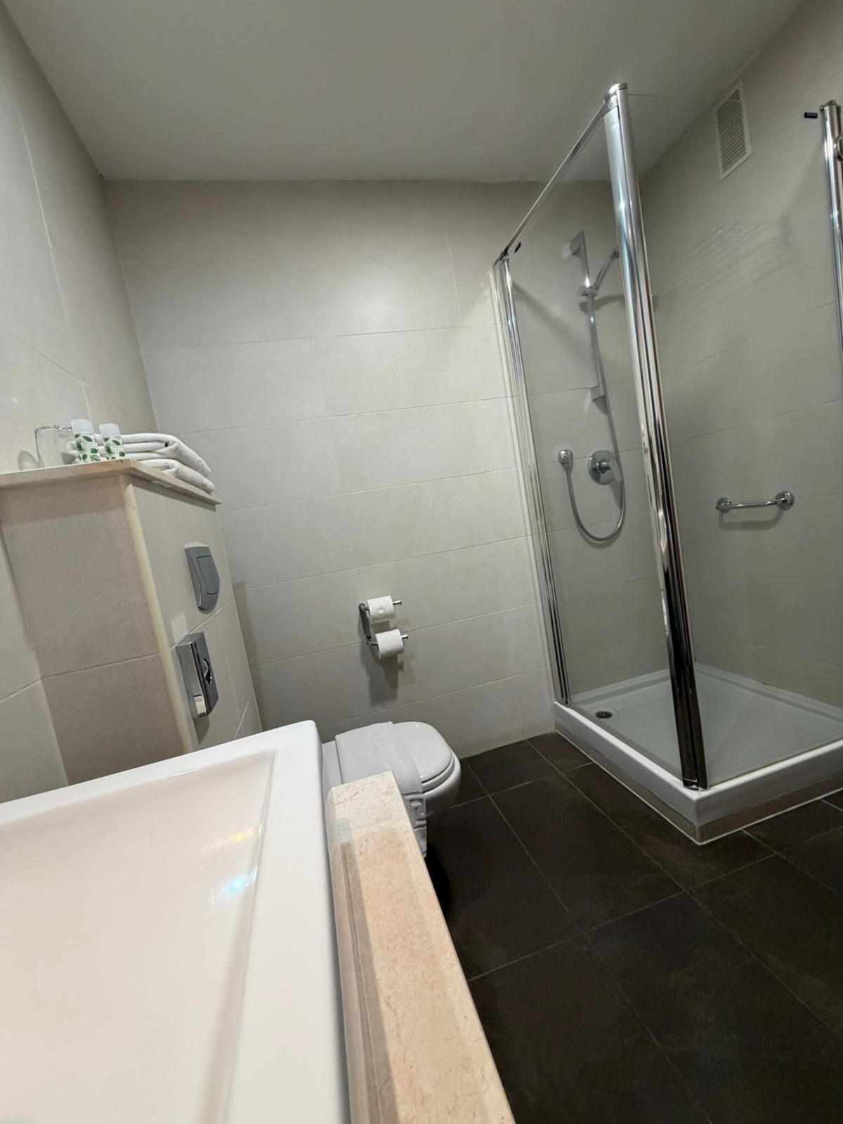 A modern bathroom with a glass shower enclosure, a white toilet, and a bathtub.