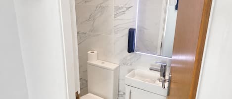 Ein Badezimmer mit Toilette, Waschbecken und Spiegel.