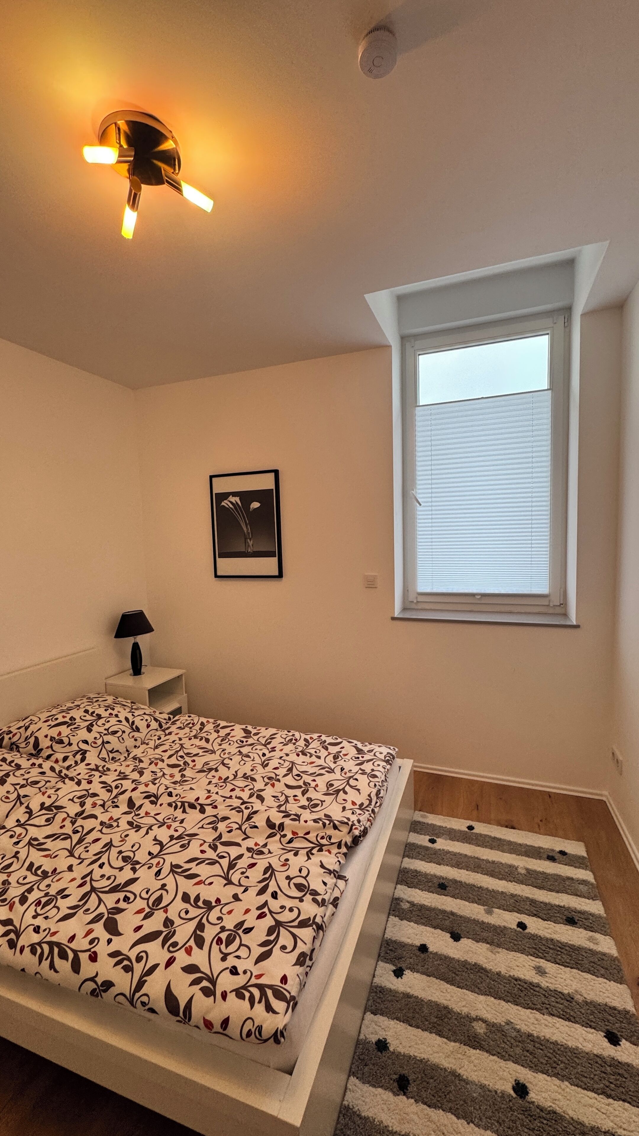 A bedroom with a bed, a window, a picture on the wall, and a ceiling light.
