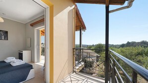A balcony with a metal railing overlooking a vineyard. - Apartment 'Casa Verde Blu' with Balcony, Wi-Fi and Air Conditioning (Perivoli)