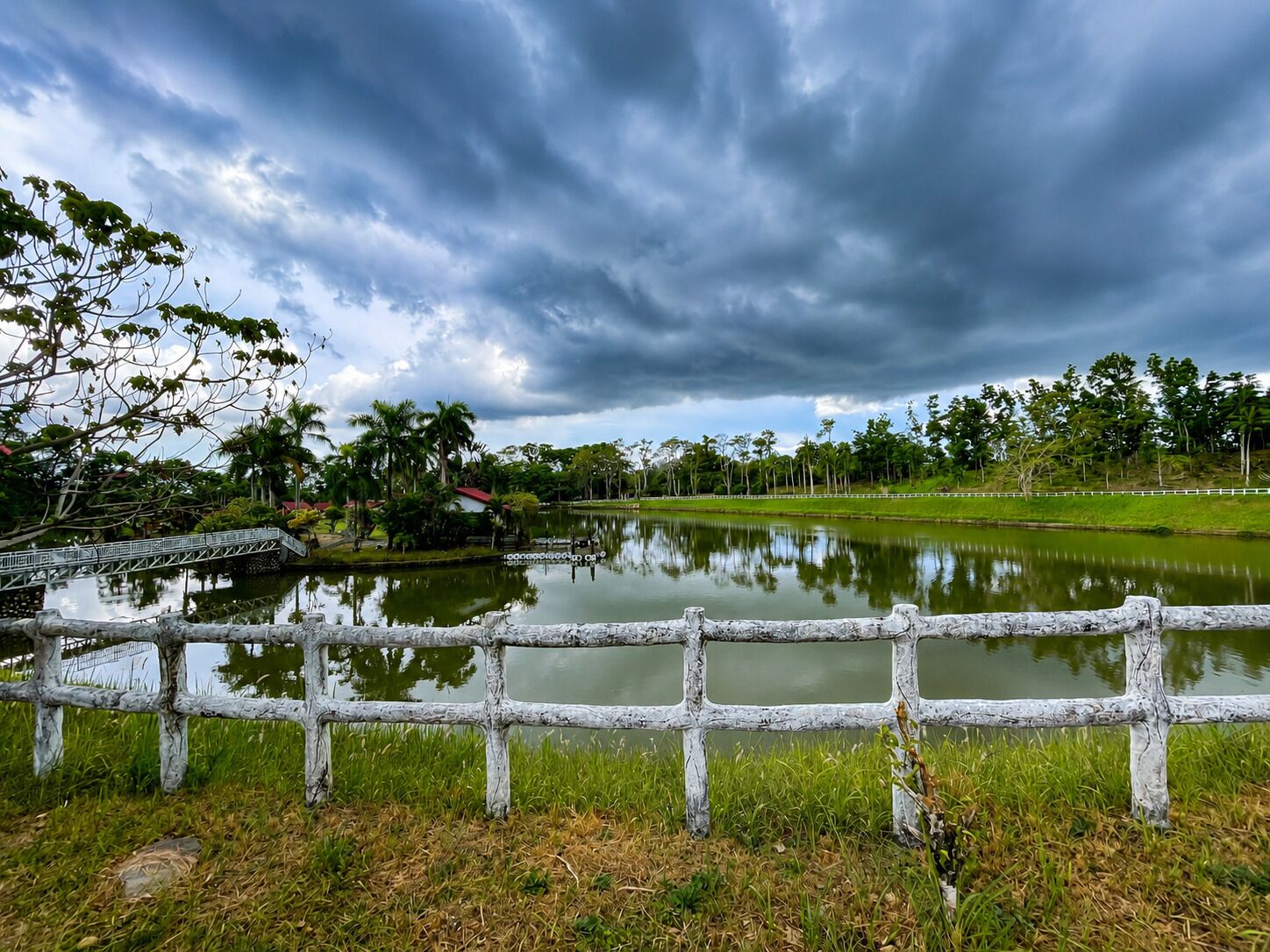 A serene lake with a wooden fence, lush greenery, and a cloudy sky.