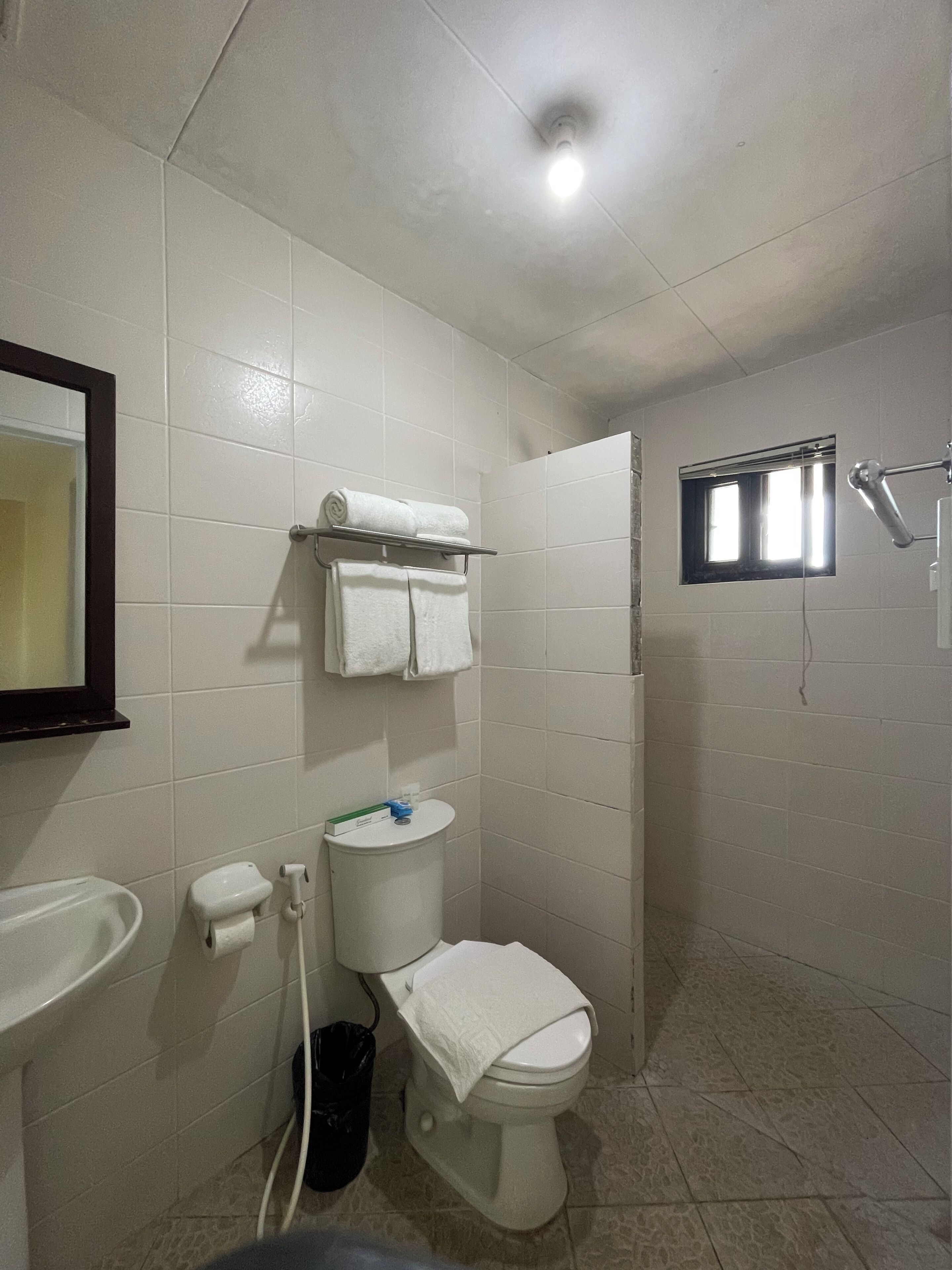 Un baño con inodoro, lavamanos y espejo.