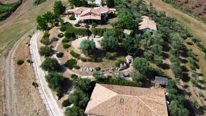 Vista aérea de una zona residencial con varias casas, una piscina y una calle pavimentada.