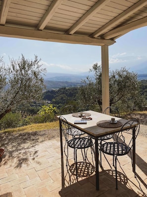 Eine Terrasse im Freien mit Tisch und Stühlen, mit Blick auf eine schöne Landschaft.