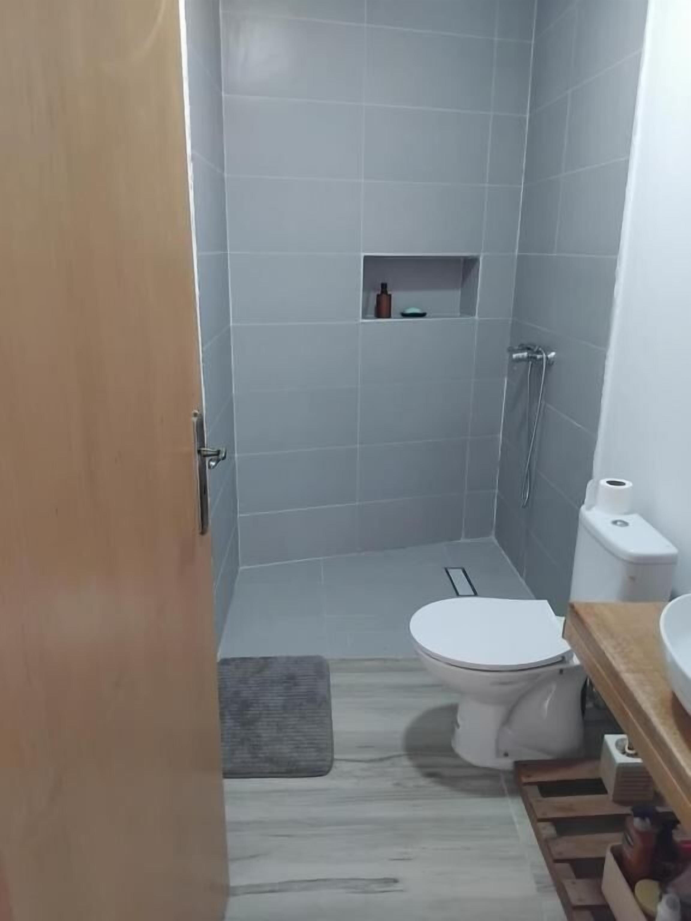 Un baño con inodoro, ducha y un estante pequeño con artículos de aseo.