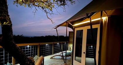 Luxury Hilltop Safari Tent with Private Hot Tub near Lake Travis in Marble Falls, Texas