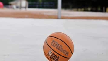 Una canasta de baloncesto con red, un balón de baloncesto y un cielo despejado.