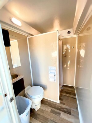 A compact bathroom with a toilet, a sink, a mirror, and a shower area.