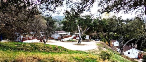 A residential area with houses, a driveway, and a hill.