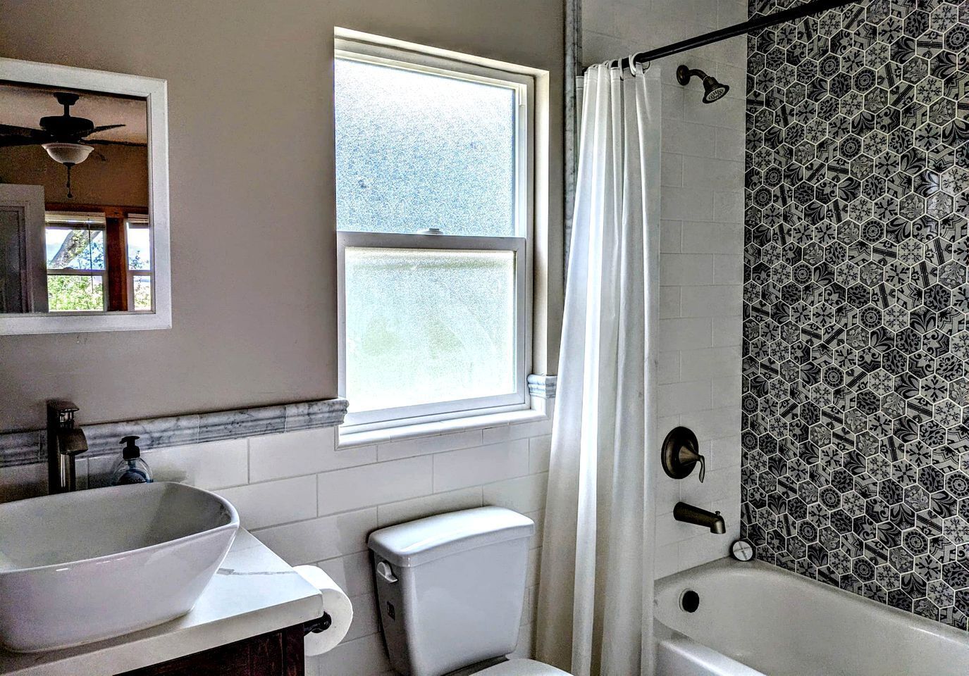 Hair dryer, towels, soap, shampoo