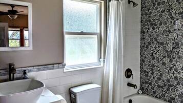 Hair dryer, towels, soap, shampoo