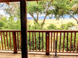 Un balcon en bois offrant une vue sur un paysage verdoyant et des montagnes lointaines.