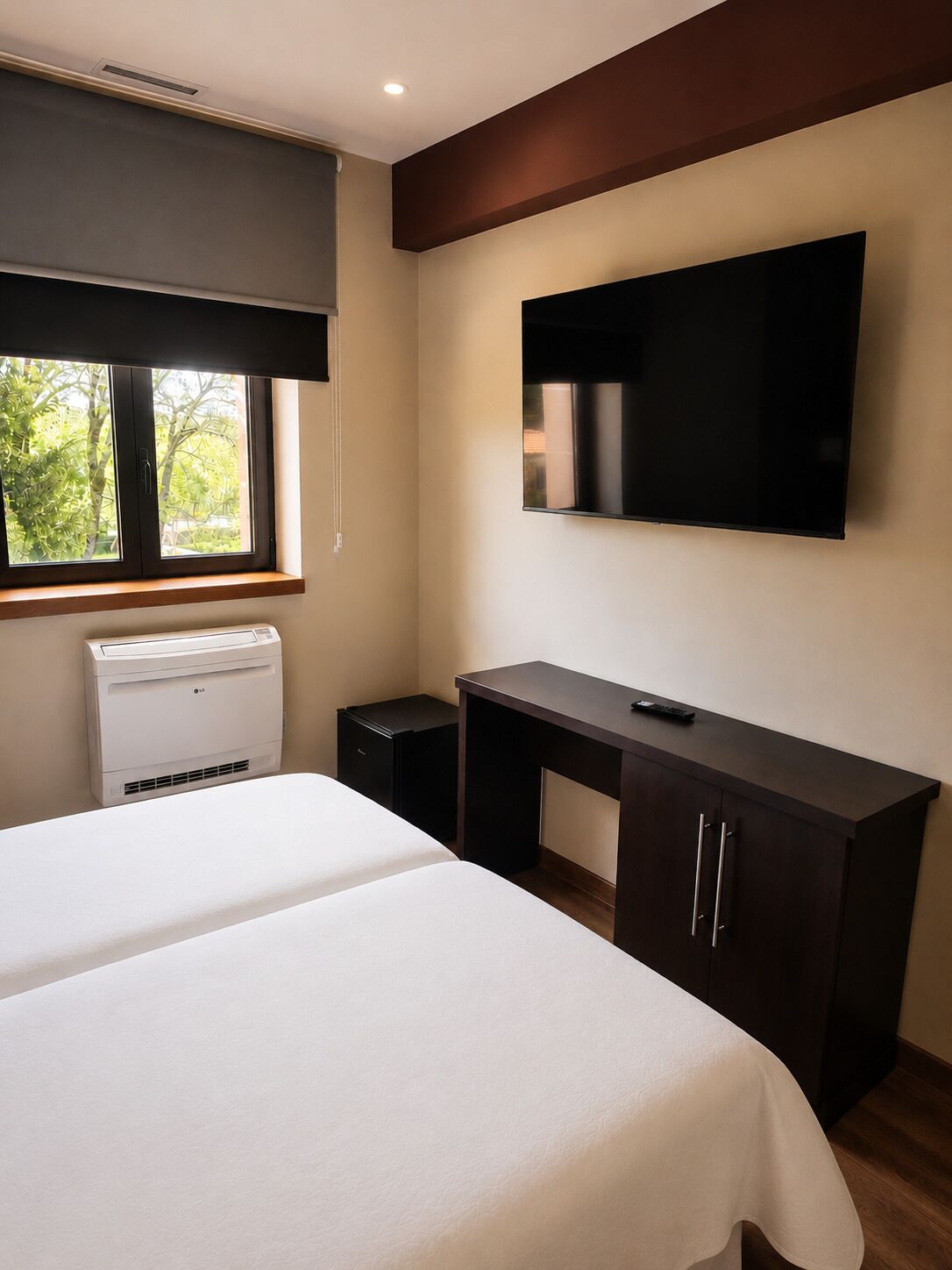 A hotel room with a bed, a desk, a flat-screen TV, a heater, and a window with a view of trees.