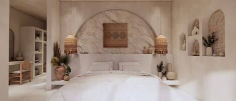 A bedroom with a large bed, two bedside tables, a wall-mounted shelf, and a hanging light fixture.