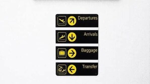 A framed artwork with a stylized leaf design, and directional signs below indicating departures, arrivals, baggage, and transfer areas. - 4. Bed 4D Center-Station-Airport (Charleroi)