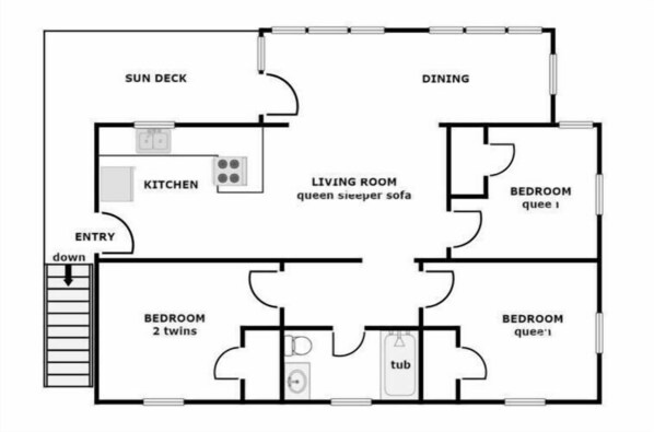 A floor plan with a sun deck, kitchen, dining area, living room with a queen sleeper sofa, two bedrooms, and a bathroom with a tub. - Sea Breeze enjoy oceanviews and a charming 3-bedroom retreat in Surf City. (Surf City)
