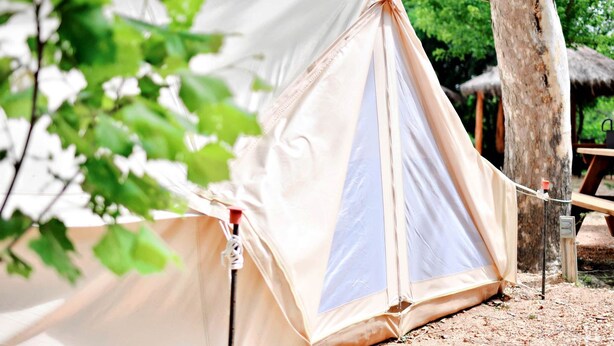 Een beige tent met een ritsopening, opgezeten op een onverharde grond, met bomen op de achtergrond.