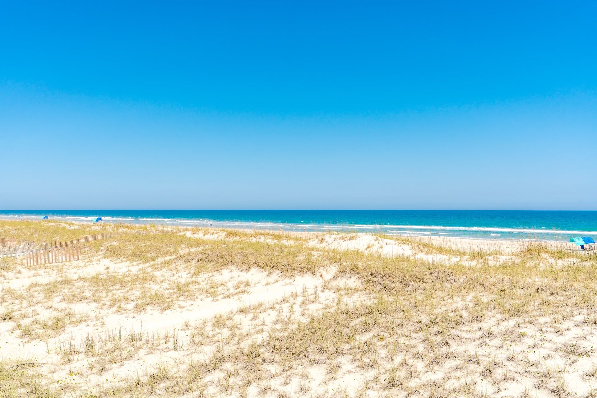 A beach with dunes and the ocean.
