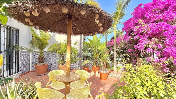A patio with a thatched umbrella, yellow chairs, potted plants, and a pink flowering bush. - TERRASOL LOS NARDOS 229 (Caleta de velez)