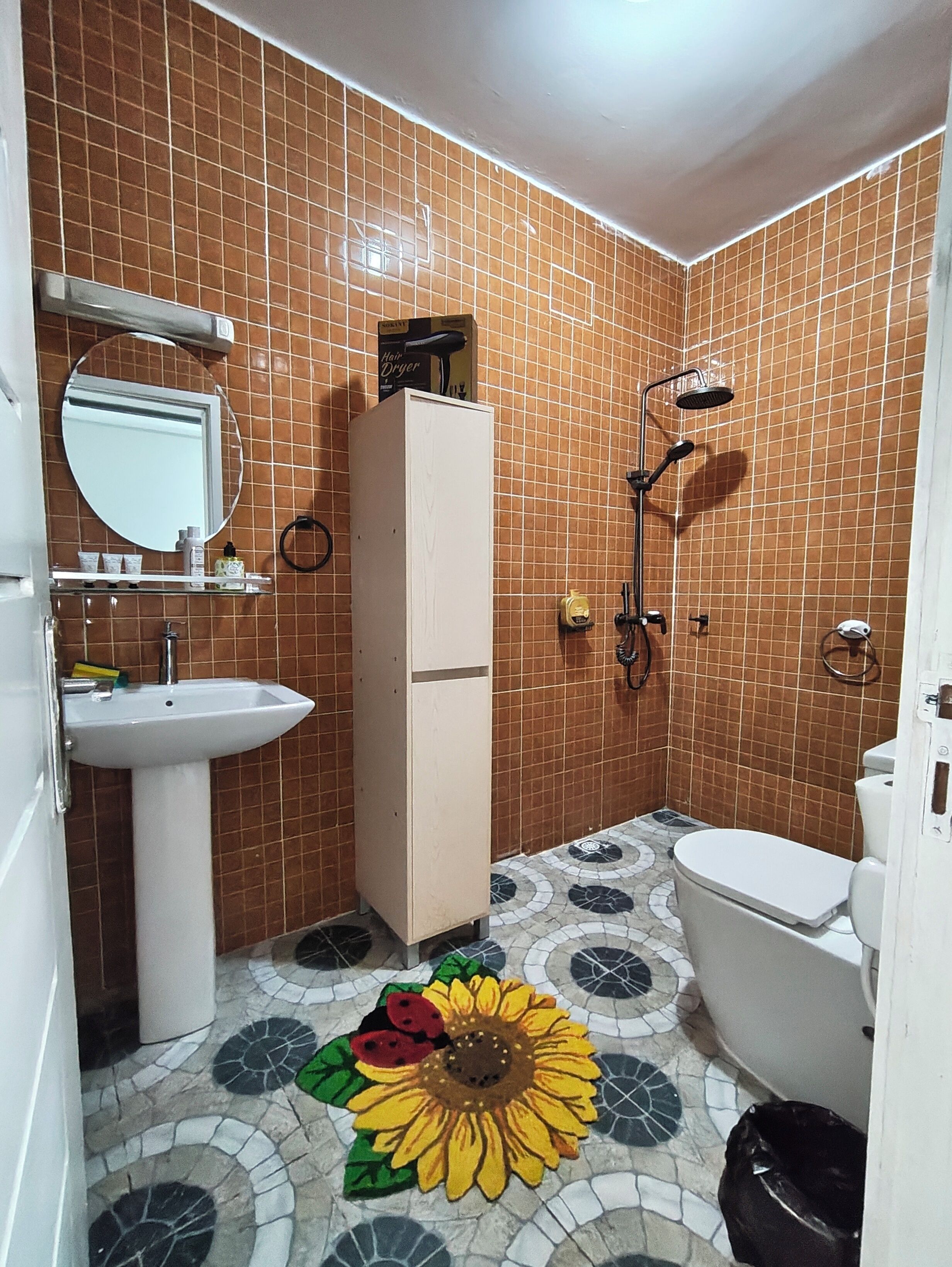 Secadora de cabello, toallas, jabón, papel de baño 