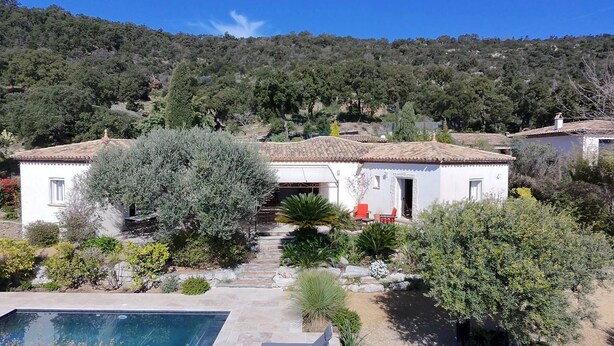 Une villa avec piscine, entourée d’arbres et de collines.