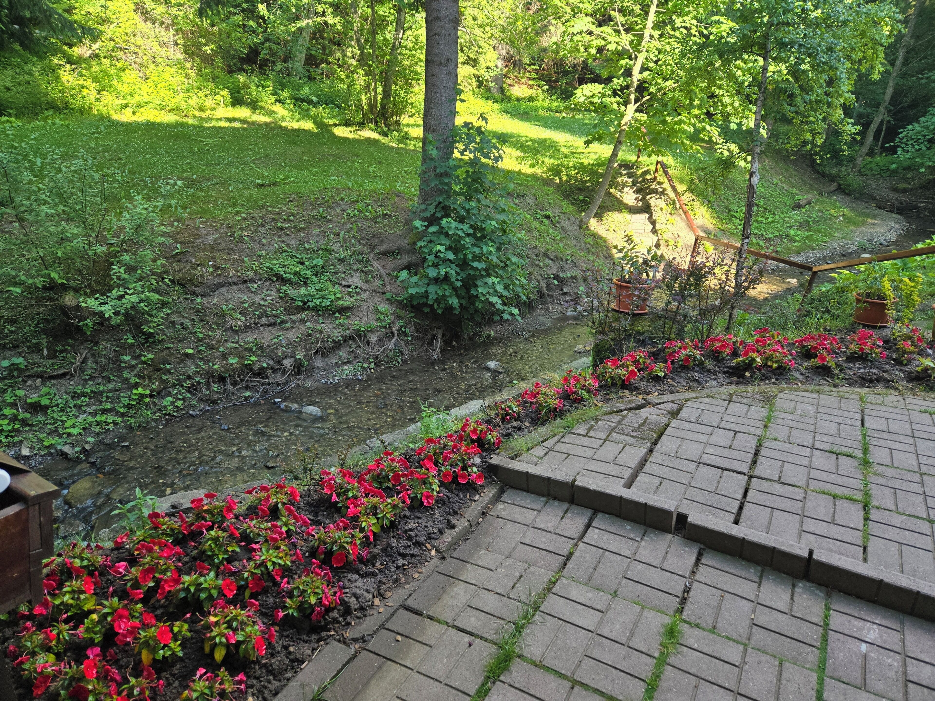 A garden with a paved area and a stream.