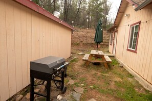 Ein Garten mit Grill, Picknicktisch und Gartenhaus.