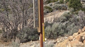 A wooden signpost with 'WELCOME' carved into it, set against a desert landscape with sparse vegetation and rocky terrain. - Tranquil Desert Retreat in a Geodesic Dome with Scenic Views in Las Vegas, Nevada (Las Vegas)