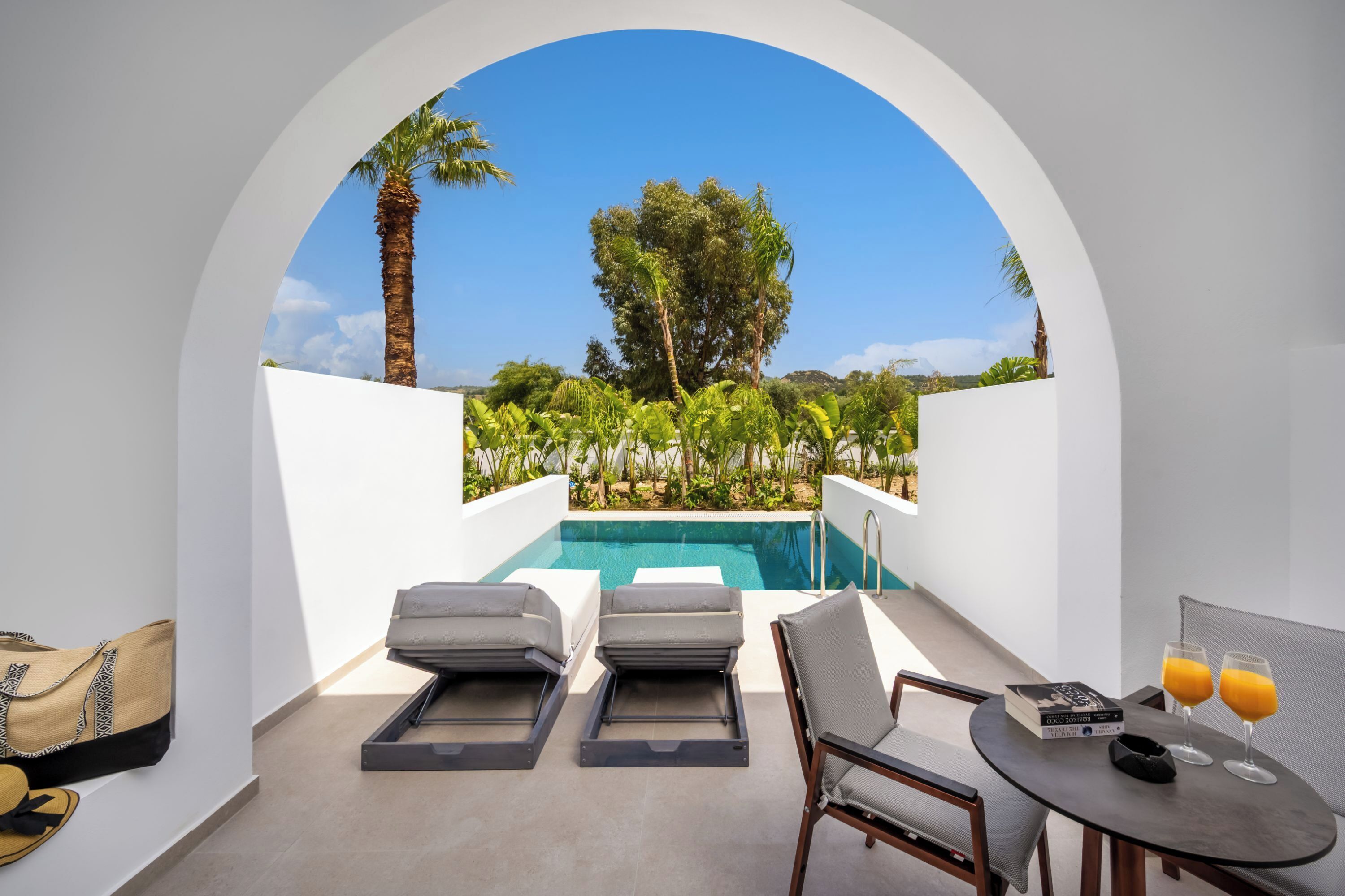 Zona de piscina con sillones reclinables, una mesa con bebidas y vistas a una piscina y follaje.