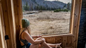 A person sitting by a window with a view of a dry landscape and mountains.