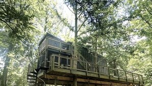 A treehouse with a wooden deck, a staircase, and a metal railing.