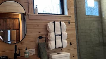 Hair dryer, towels, soap, shampoo