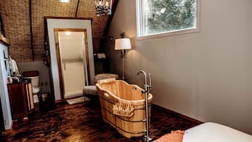 Jetted bath, hair dryer, towels, soap